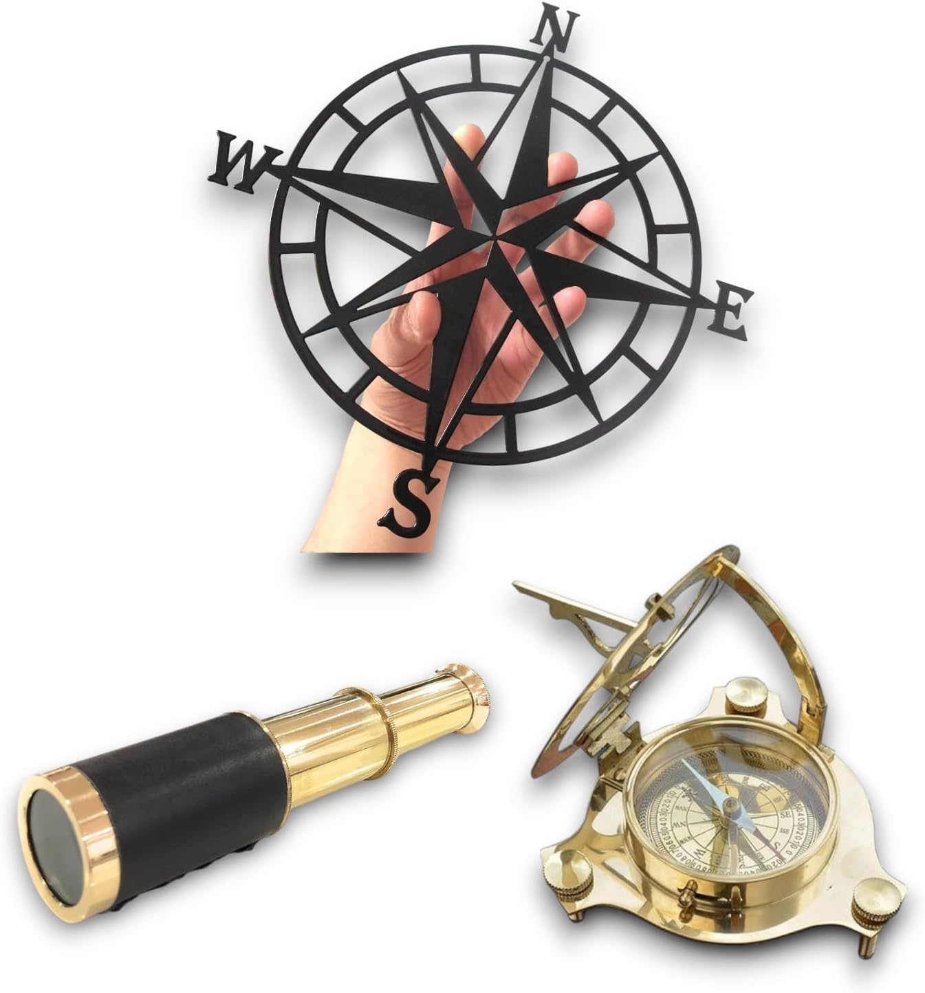 Set of Nauticals Metal Compass Direction Wall Art with Brass Nautical Telescope and Sundial Compass Combo Set for Nautical Lovers