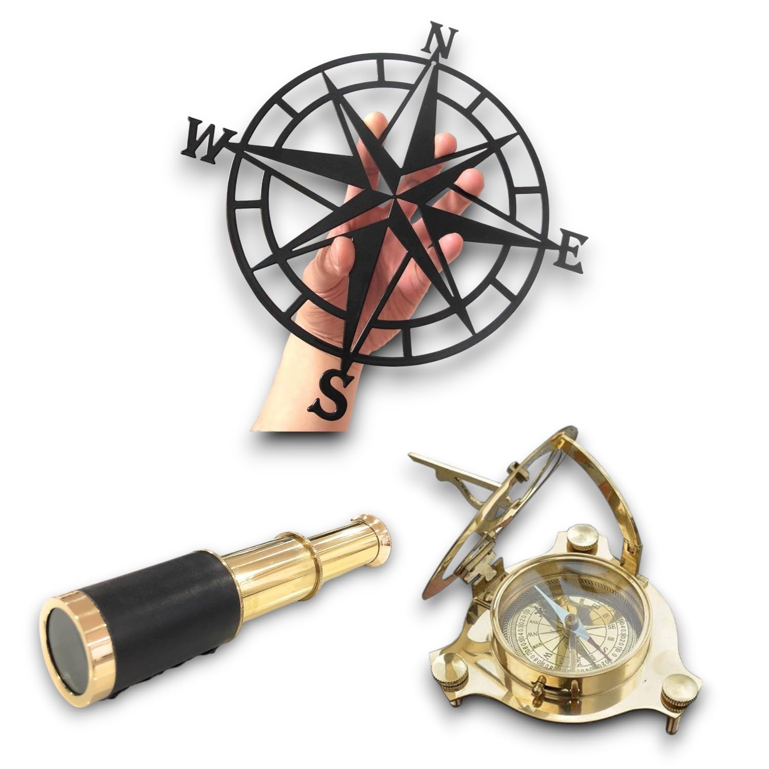 Set of Nauticals Metal Compass Direction Wall Art with Brass Nautical Telescope and Sundial Compass Combo Set for Nautical Lovers-image-21