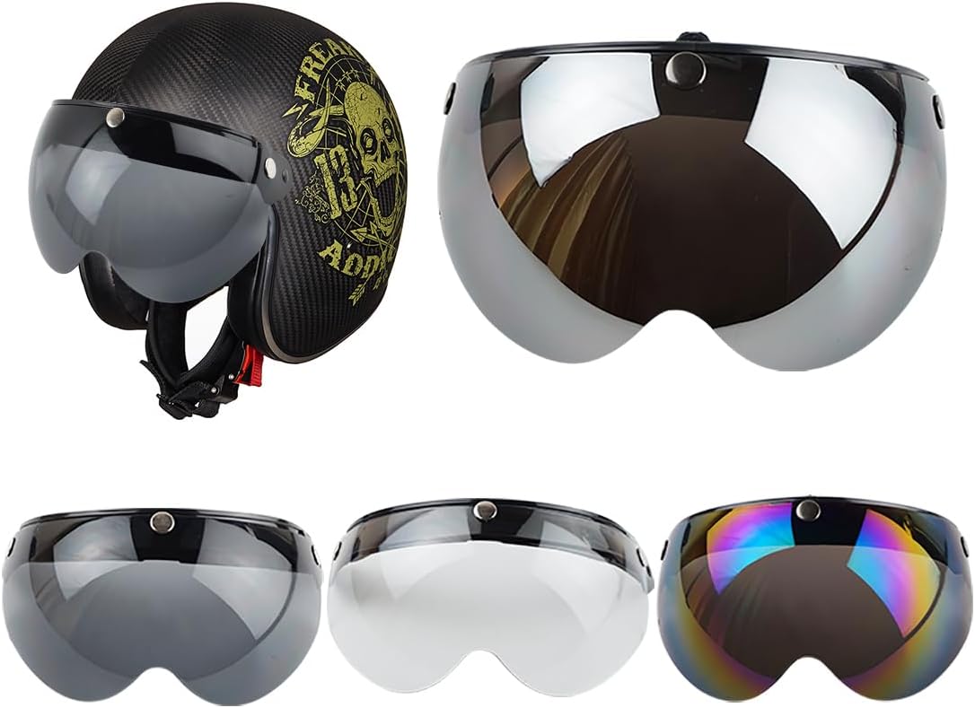 VCOROS Universal Motorcycle Retro Pilot-Style Standard 3 Snap-Button Visor Flip Up Down Open Face Helmet Half Face Shield(Clear)