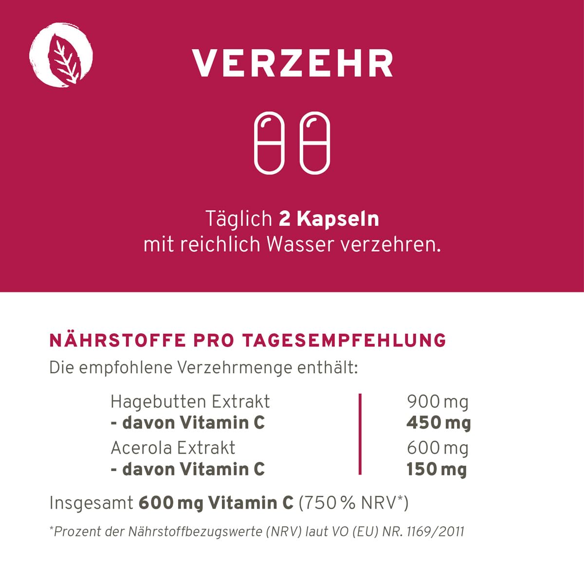 Hochdosiertes 600mg natürliches Vitamin C aus Acerola-Extrakt und Hagebutte-Extrakt. 120 Kapseln im 2 Monatsvorrat. Hohe Verwertbarkeit, vegan + hergestellt in DE.