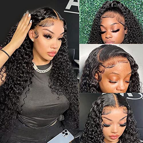 Image of 13x4 Water Wave Lace Front Wigs for Women Human Hair Pre Plucked Water Wave Lace Frontal Wig with Baby Hair Natural Color HD Transparent Deep Wave Lace Front Wigs