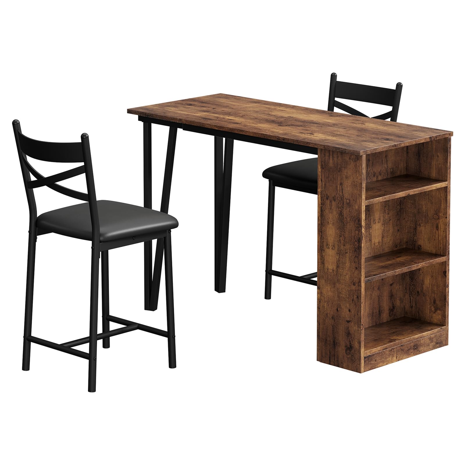 GarveeHome Zestaw 3 składanych stołów barowych + 2 stołki + 3 półki - autentyczny styl industrialny (szczotkowana stal i drewno sprężynowe) - kompaktowa grubość 8 cm po złożeniu - do otwartej kuchni i