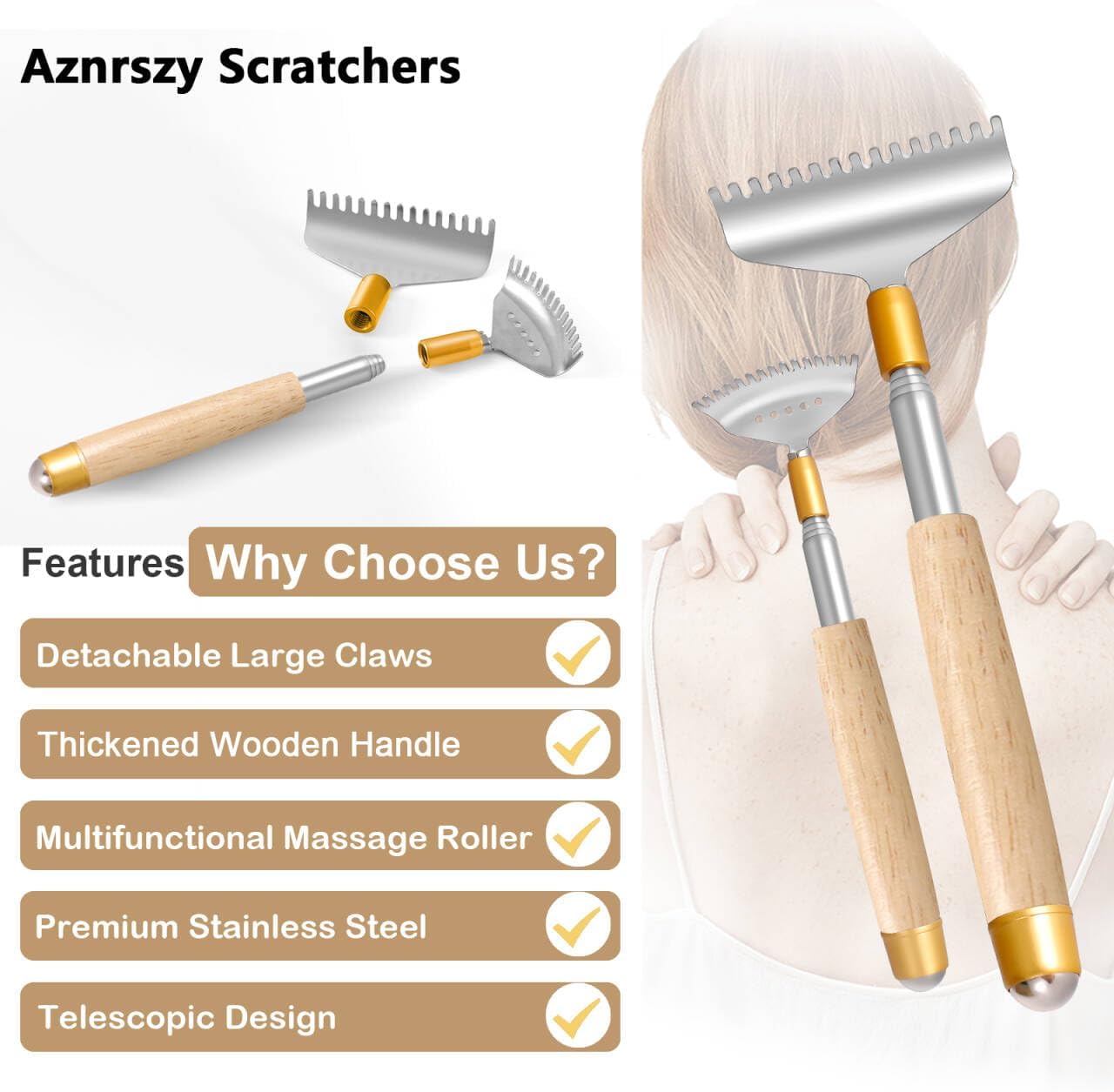 Back Scratcher with 2Pcs Detachable Wide Claws, Heavy-Duty Backscratchers for Women Men Adults Extendable to 62CM, Wooden Handle, Rolling Ball for Body Massage