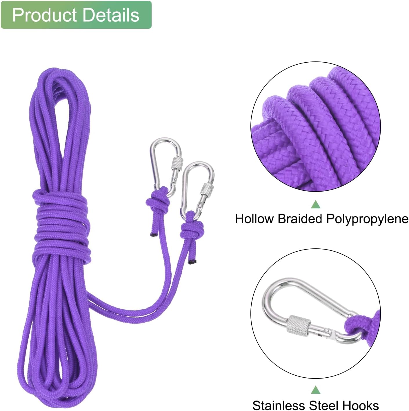 MECCANIXITY Hollow Braided Polypropylene Anchor Rope with Hook, 1/4 Inch 33ft Nylon Floating Line for Marine Pool Life Boat Anchor Rope, Purple
