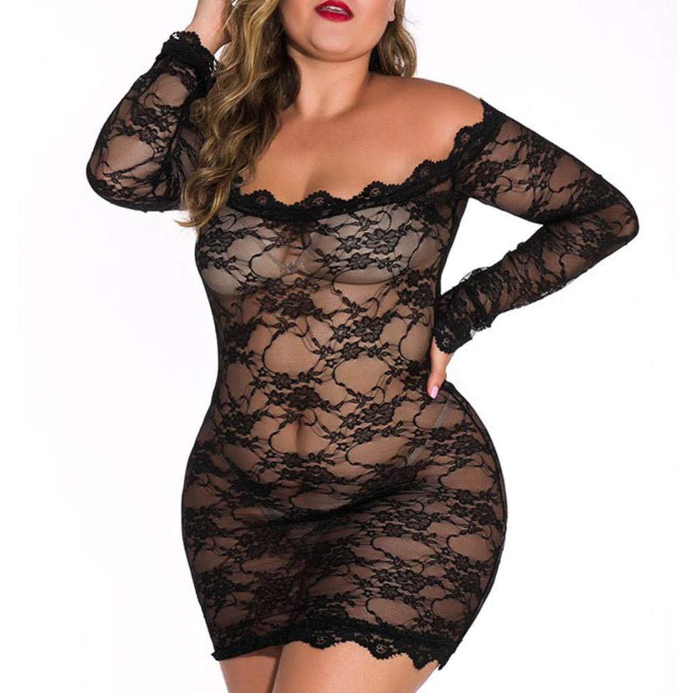 Conjuntos de lencería para Mujer Camisón de lencería para Mujer Perspectiva Sexy Encaje Manga Larga Apretado Ropa Interior Sexy para el Cuerpo Tallas Grandes (Negro XL)