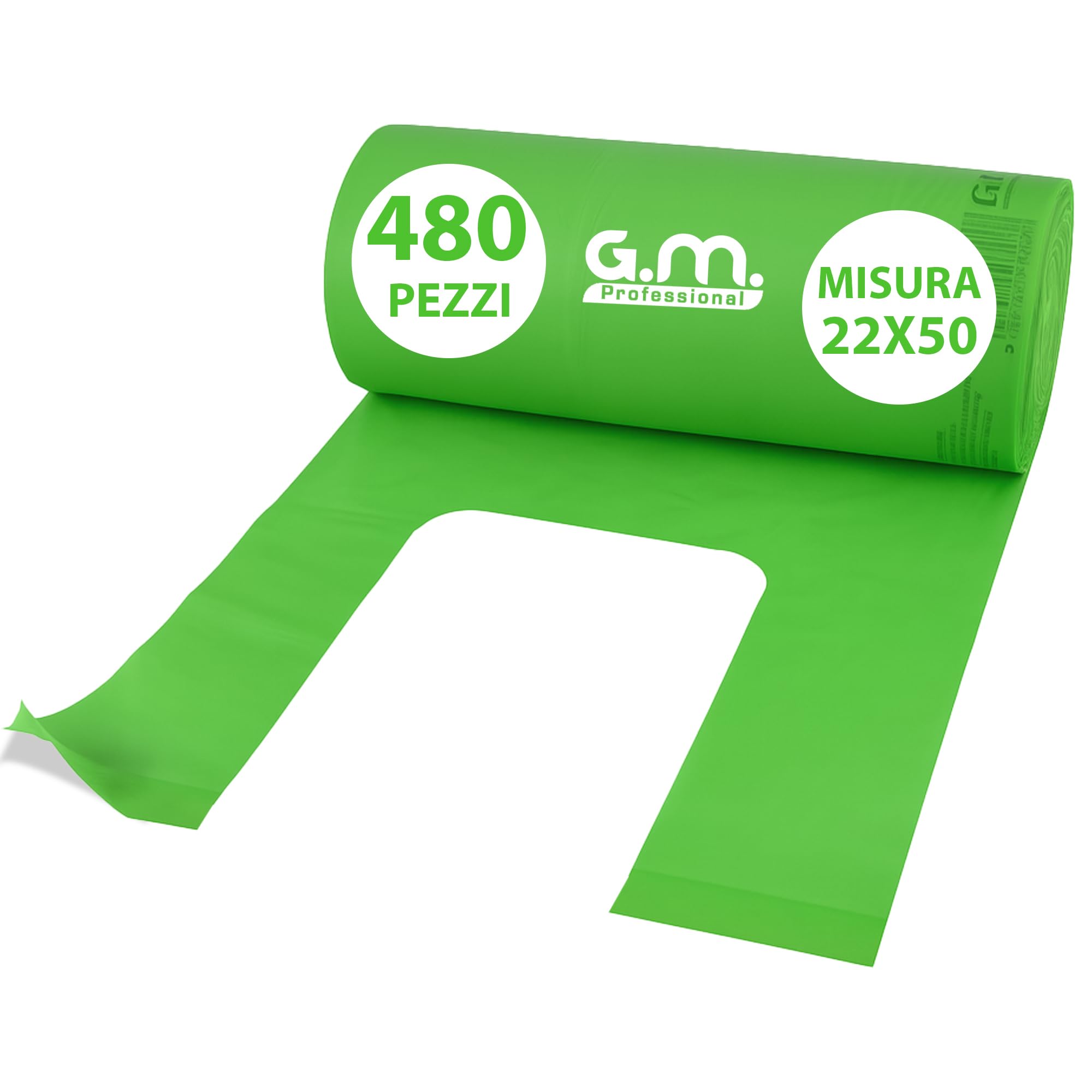 GM – 480 Buste Shopper Bio Verdi 22×50 cm con Manico, 12 Rotoli Compostabili Resistenti per Ortofrutta, Spesa e Raccolta Umido, Sacchetti Idonei al Contatto Alimentare