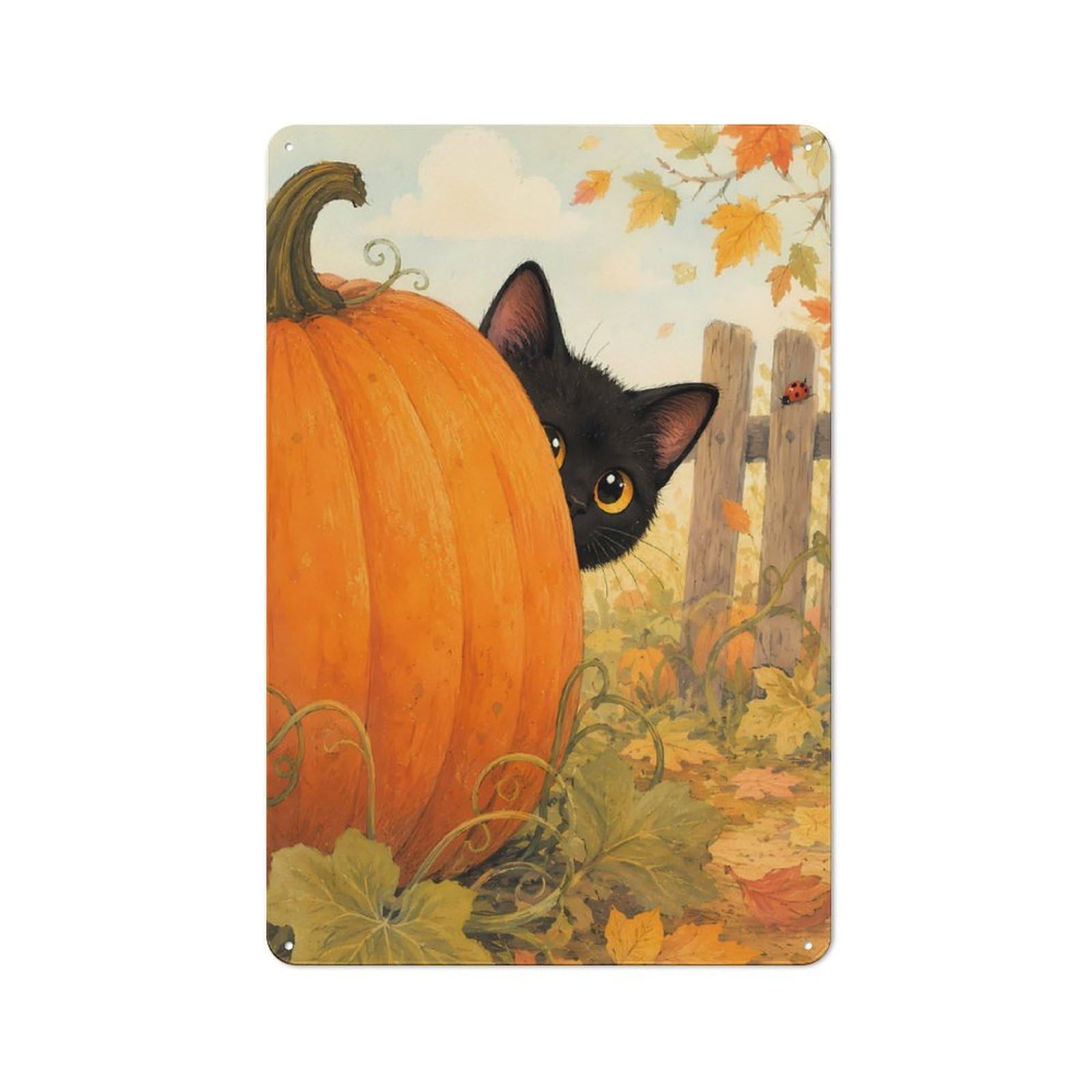 Black Cat Peeking from behind A Pumpkin Vintage Tin Wall Plaque 30x20cm for Café Or Restaurant, A Decorative Christmas Gift for Café Owners And Decorators