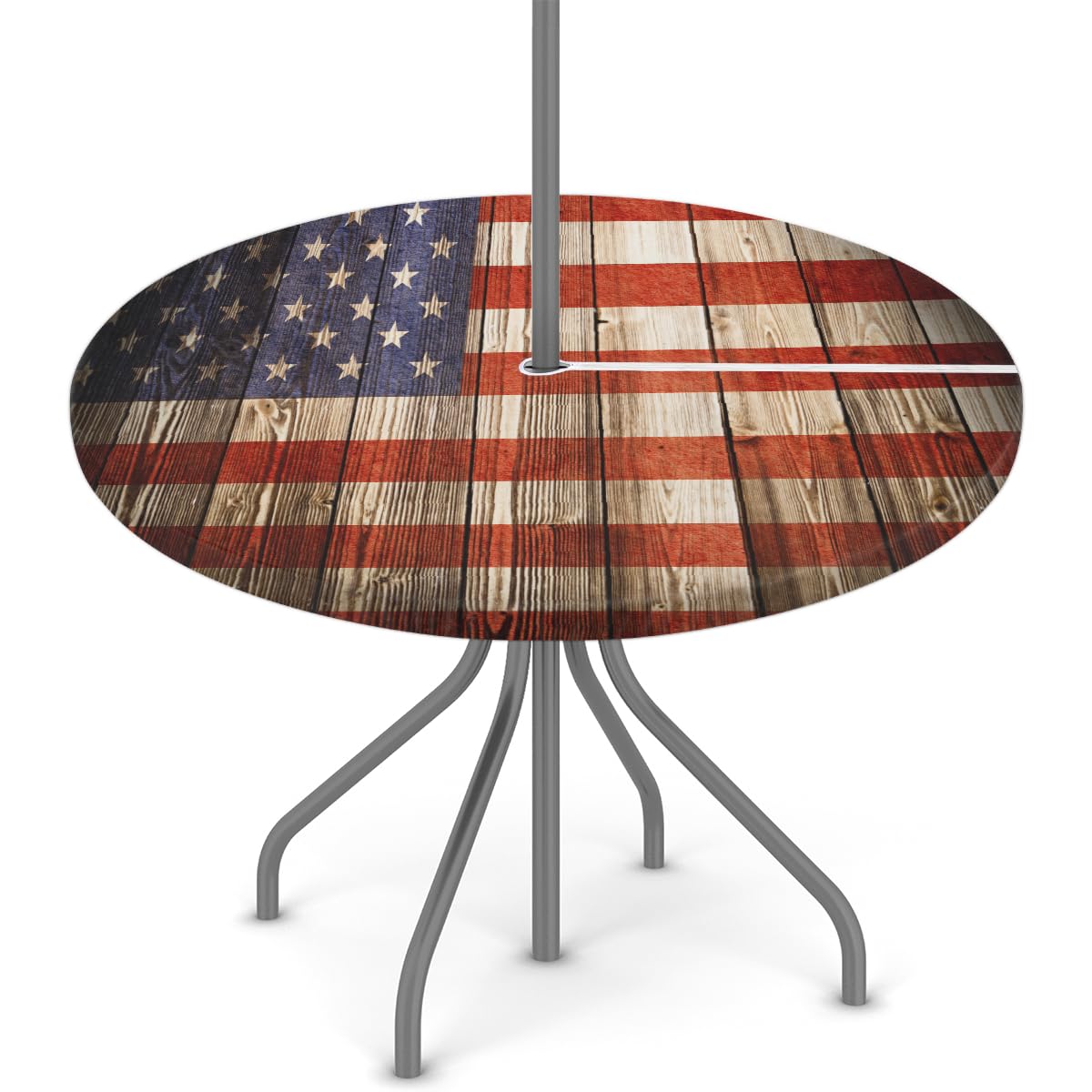 FZDXZJJ USA Flag Wooden Round Outdoor Tablecloth with Umbrella Hole and Zipper,4Th of July American Flag Fitted Tablecloth Elastic Edge Patio Table Cover for Spring Summer Picnic Party 36