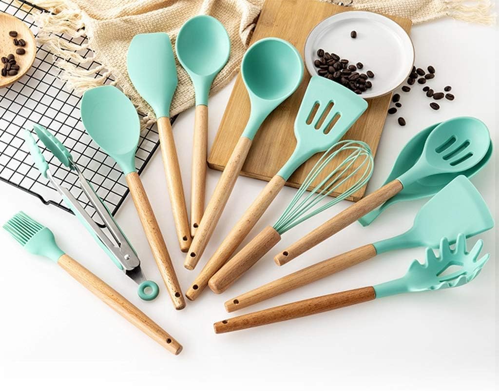 Kochutensilien, 12-teiliges Küchenutensilien-Set mit Halter, Silikon-Kochutensilien-Sets, Holzgriff, antihaftbeschichtetes Kochgeschirr-Set, grüne Kochutensilien-Sets