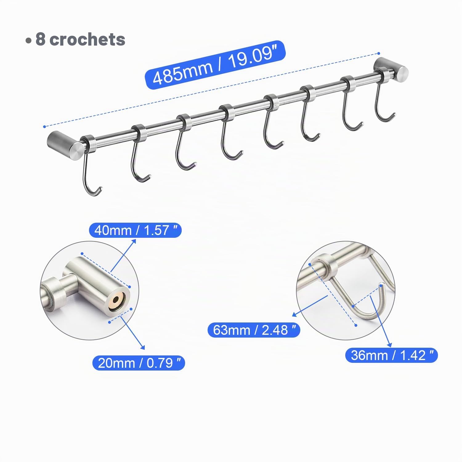 Rack suspendu à vaisselle avec 8 crochets amovibles - Rail de cuisine - En acier inoxydable - Fixation murale - Manteau - Chapeau - Bar - Organiseur pour outils suspendus, couteaux