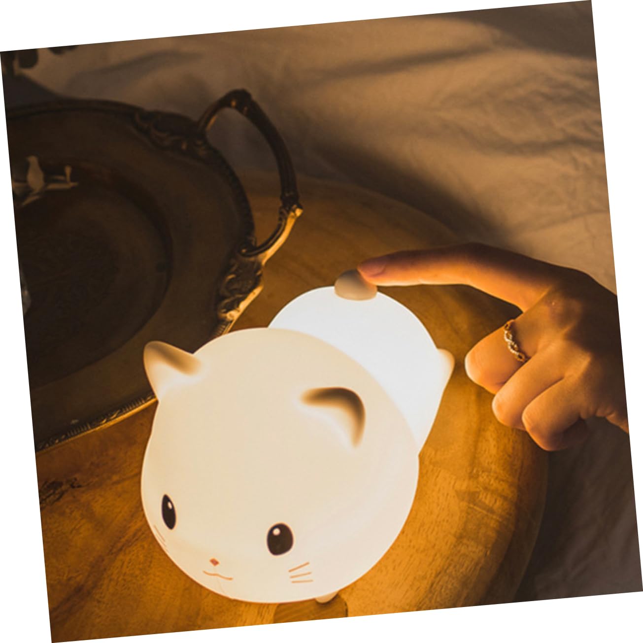 Lámpara de Noche de Gato de Silicona USB Recargable para Dormitorio | Blanco, Control por Toque, Abs y Pc, Decoración de Escritorio, Luz para Dormir