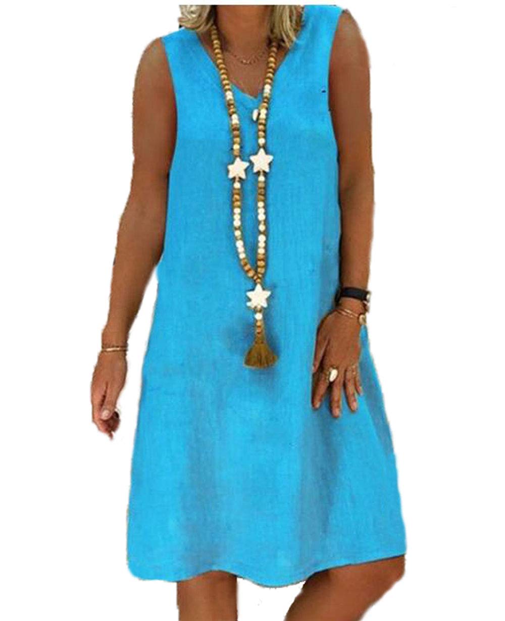 Yutila Damen Leinenkleid für den Sommer V-Ausschnitt Casual Kleid im Boho Look