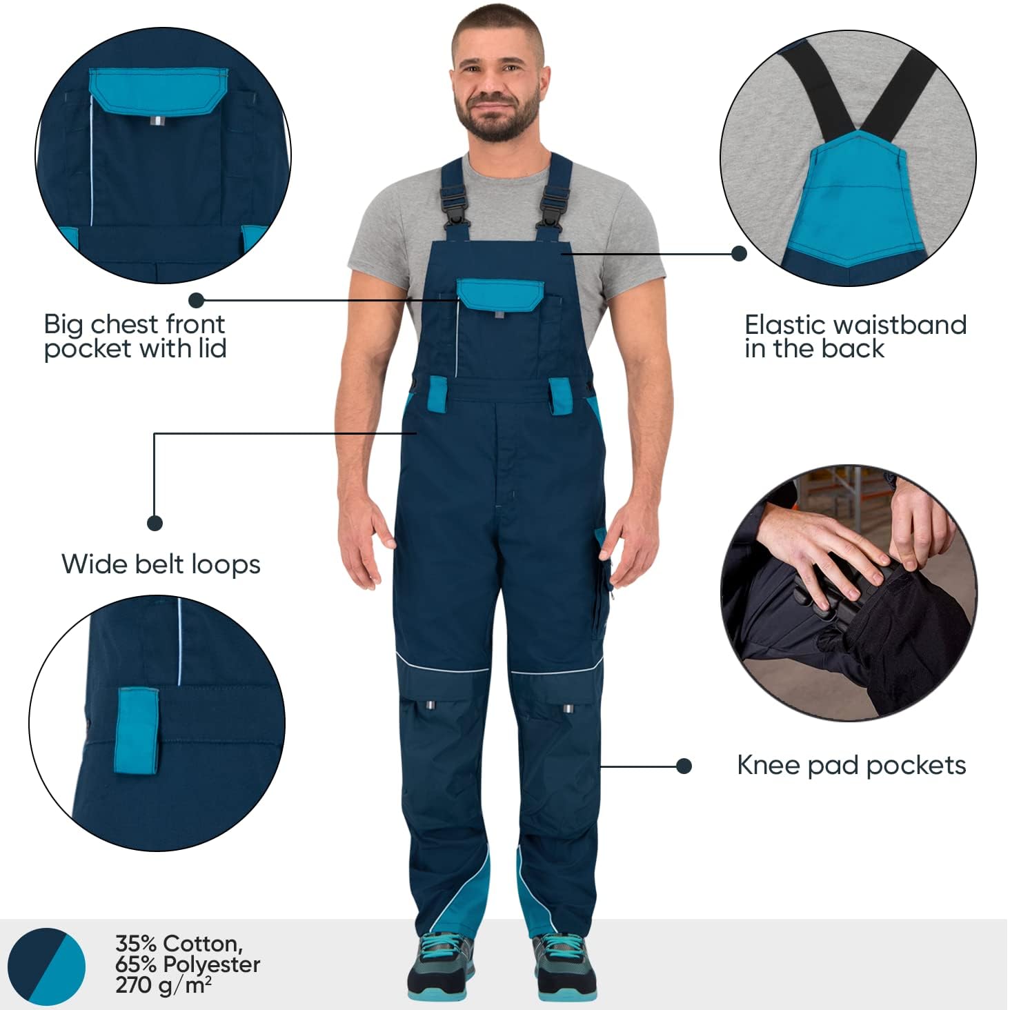 BWOLF Brave - Peto de trabajo para hombre con bolsillos laterales multifuncionales, bolsillos traseros + reforzado con poliéster 600D