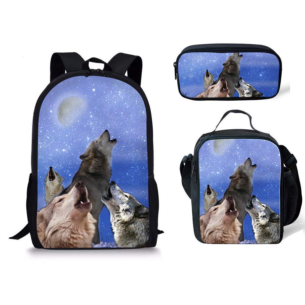 HUGS IDEA3 Pcs School Backpack Set for Teen Boys Girls Cool Wolf Animal Design Wolfpack 15 Inch Shoulder Bookbag Lunch Box with Pencil Case