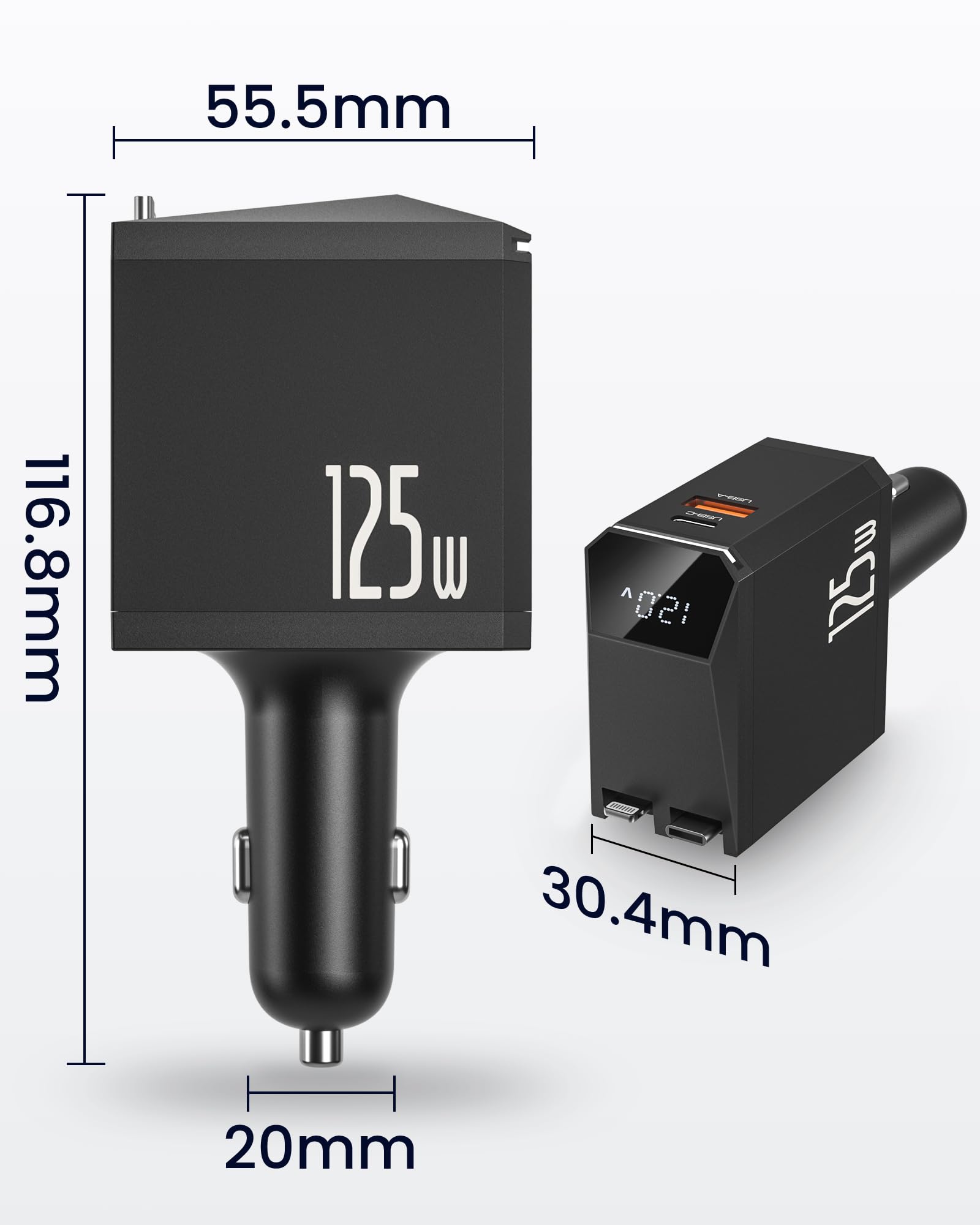 Ładowarka Samochodowa USB C 125W, Ładowarka do Telefonu z Kablem Wysuwan | Zapalniczka Gniazda Adapter,Ładowarki Samochodowej do Telefonów Komórkowych z Zwijany Kabel Typu-C,Szybka Wyświetlacze