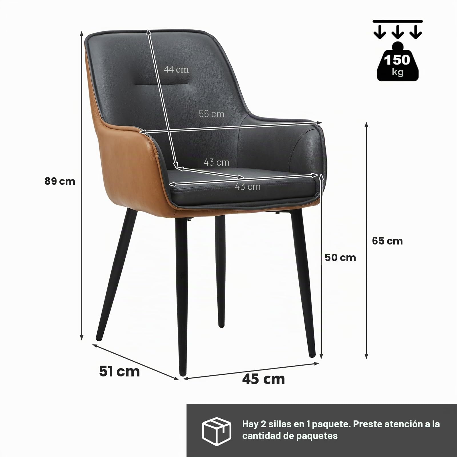 TUKAILAI Juego de 2 sillas de comedor de piel sintética, con reposabrazos, respaldo, asiento acolchado, patas de metal, diseño moderno en dos colores, gris y marrón