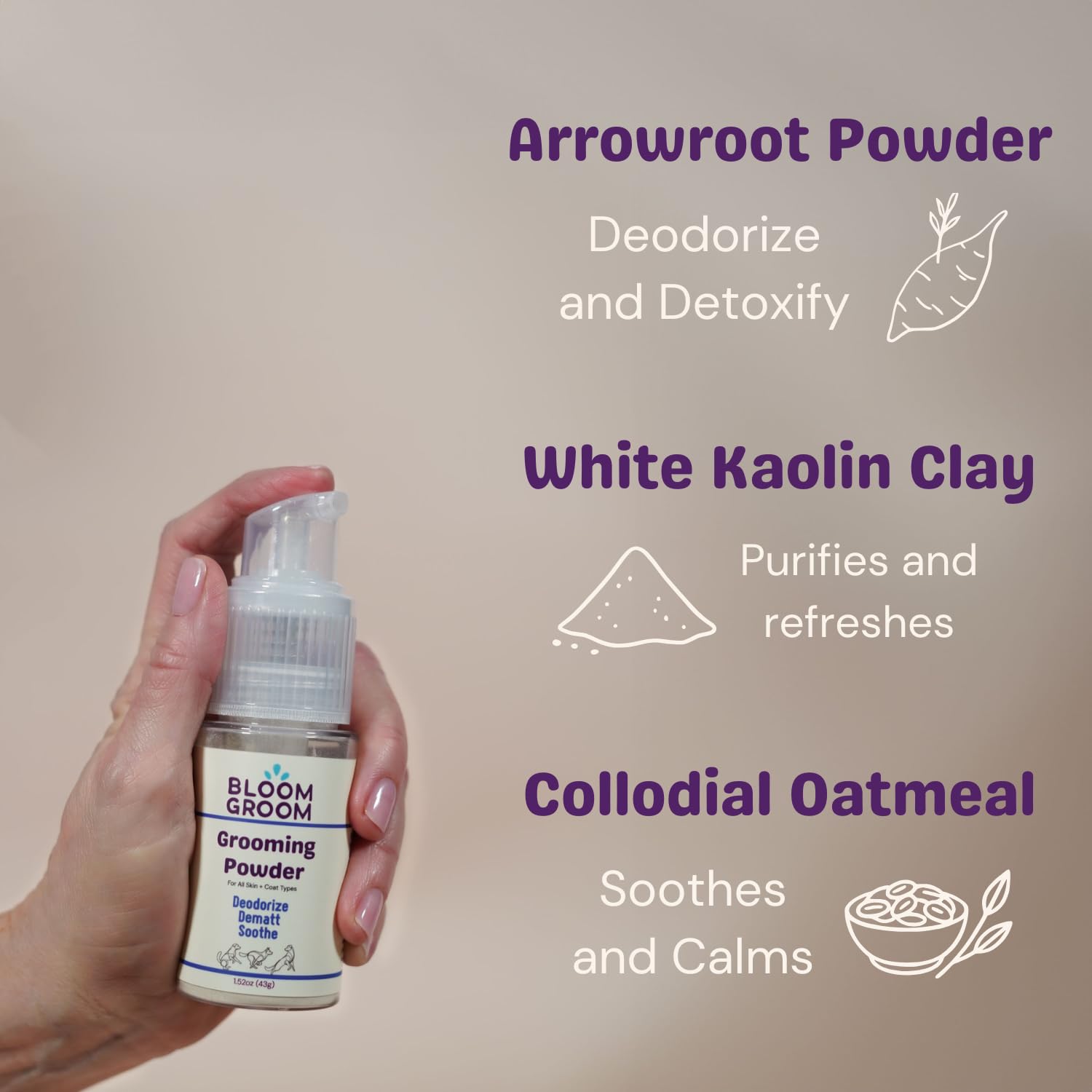 Bloom Groom Waterless Grooming Powder for Dogs – Dry Shampoo & Dematting Coat Refresher with Kaolin Clay, Aloe & Arrowroot – Soothes Skin, Absorbs Odor & Oil, No-Rinse Formula – 1.52oz