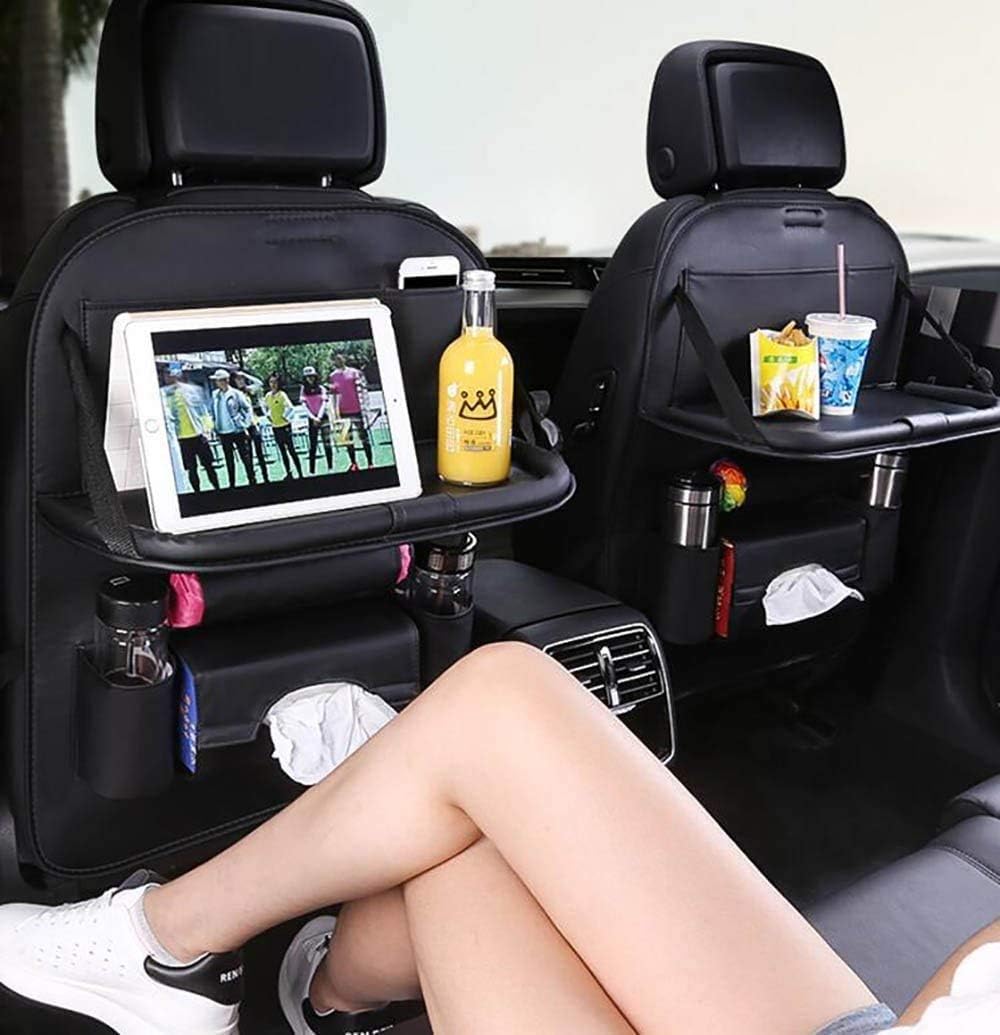 happyle PU Leather Car Backseat Storage Organizer Adjustable Multi-Function Car Back Seat Organiser Kick Mats With 7 Pockets and Foldable Dining Table Holder(2Pack)