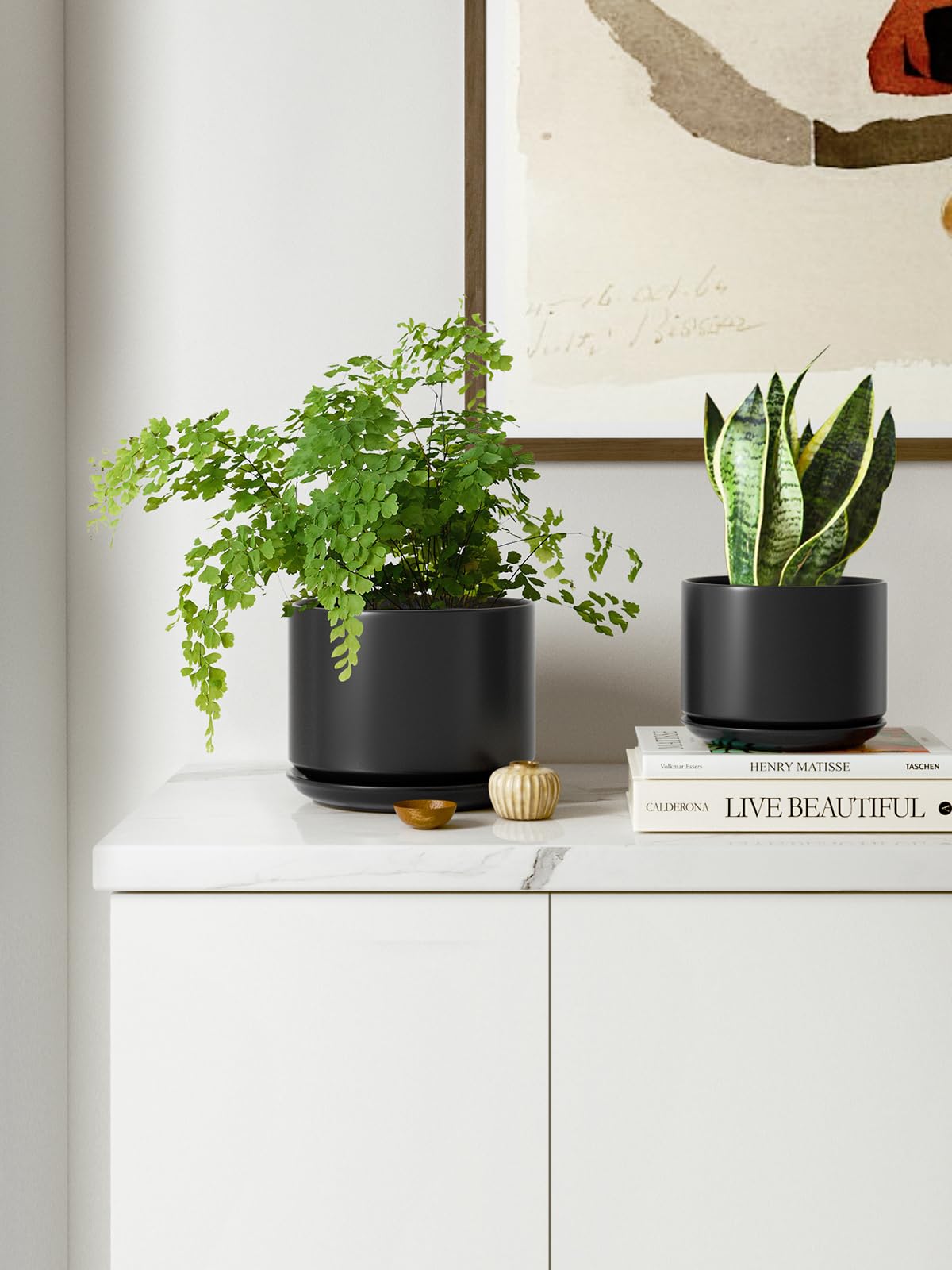LE TAUCI Ceramiczne Doniczki do Roślin, 10,5+13+17 cm Doniczki do Roślin, Zestaw 3 Szt., Donice z Otworem Odpływowym i Podstawką, Doniczki do Wnętrz z Siatką Drenażową, Prezent dla Mamy, Czarny