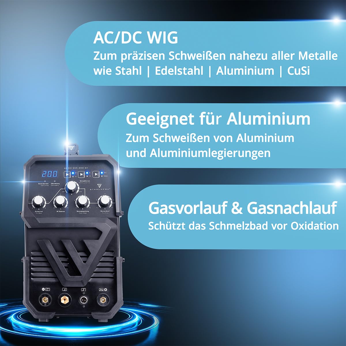 STAHLWERK Schutzgasschweißgerät 2-in-1 Kombi AC/DC WIG 200 ST – WIG & MMA (E-Hand/ARC) bis 200 A, HF-Zündung, Hotstart, Anti-Stick, 2T & 4T-Modus, AC WIG-Schweißen für Aluminium, IGBT-Technologie