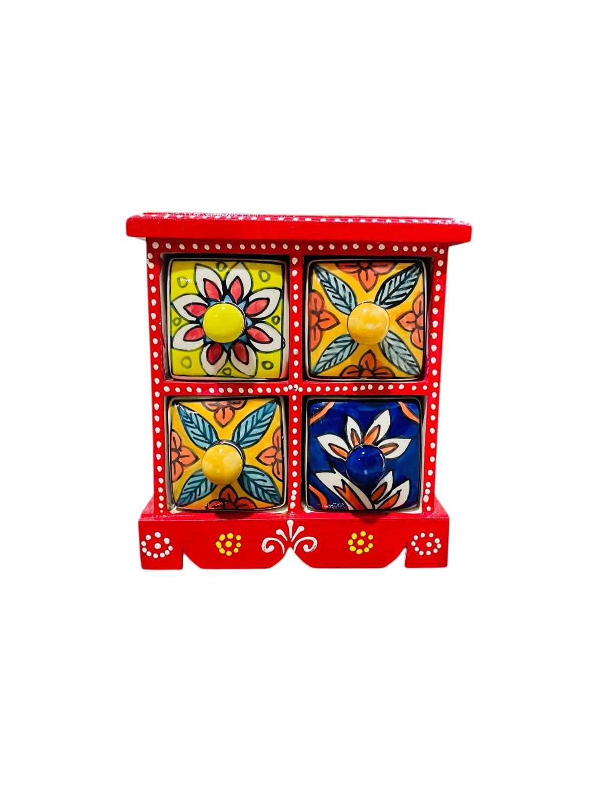 Handcrafted Ceramic Spice Storage Box, Blue with Floral Design, 4 Drawer Organizer, Traditional Mexican Style, Kitchen Counter Decor (Old World 1, Red)-image-10