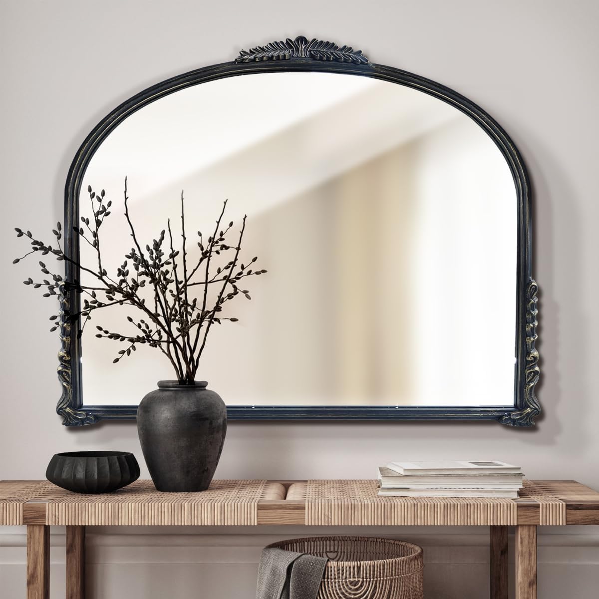 Black Vintage Wall Mirror,Antique Wide Mirror Decor,Arched Big Mirror for Entryway/Bathroom/Fireplace 37"X29"