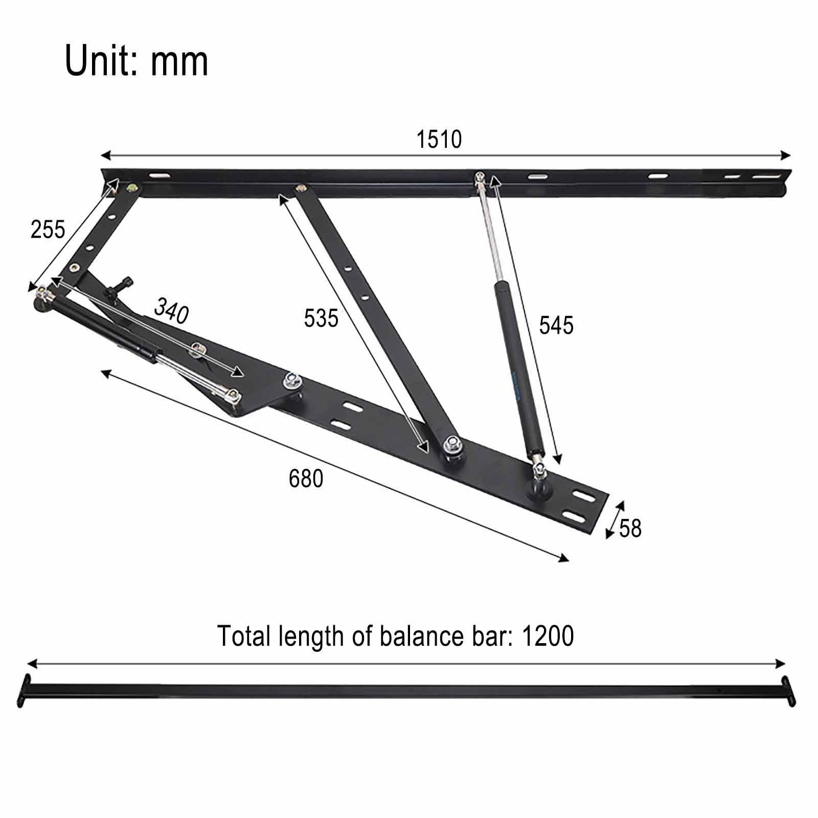 Mecanismo de elevación de amortiguador de gas, 2 piezas de 1510 mm, soporte de elevación de cama hidráulico con bisagra plegable neumática, sistema de elevación de colchón para subir y bajar