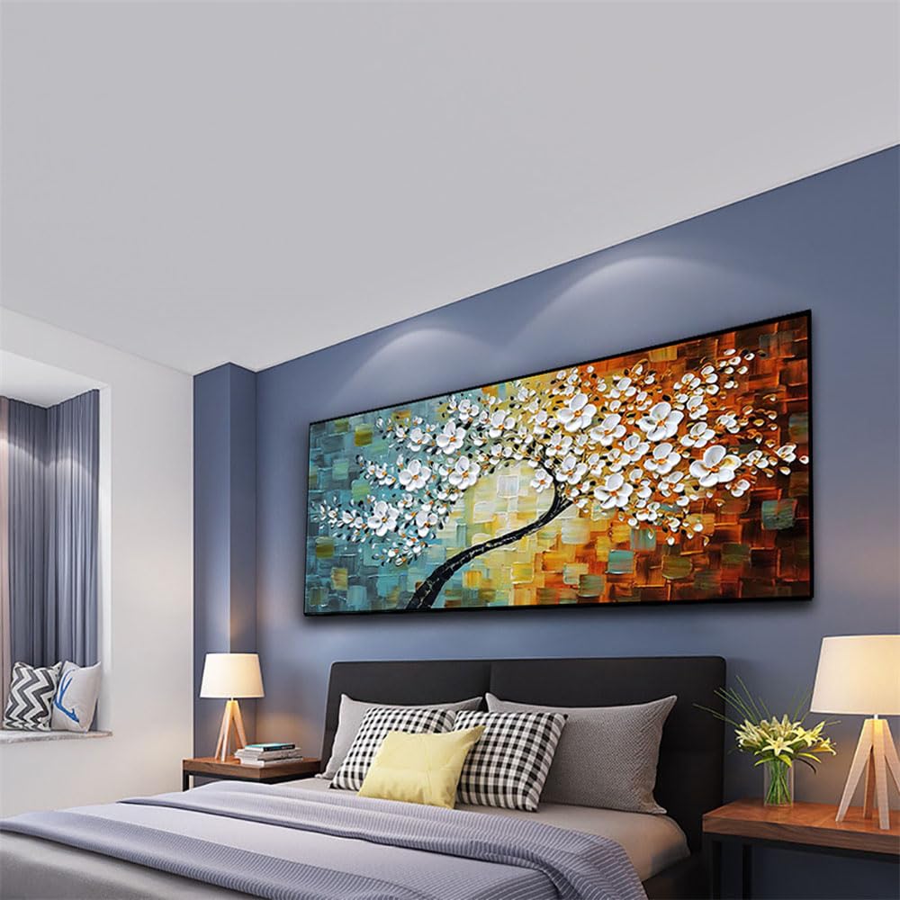 【2/29まで¥1000OFF】3Dテクスチャーアート 60×120cm 油絵風 Amazon｜手描きの花の木横長油絵テクスチャーキャンバス手作り絵画壁
