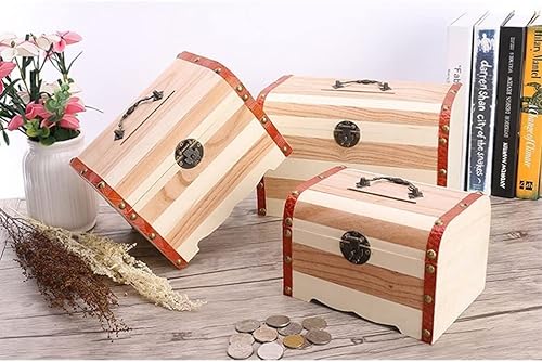 Miniatura 9 de STOBAZA Caja de banco de madera sin cerradura para niños y niñas, baúl de almacenamiento de juguetes grande de madera para decoración del hogar