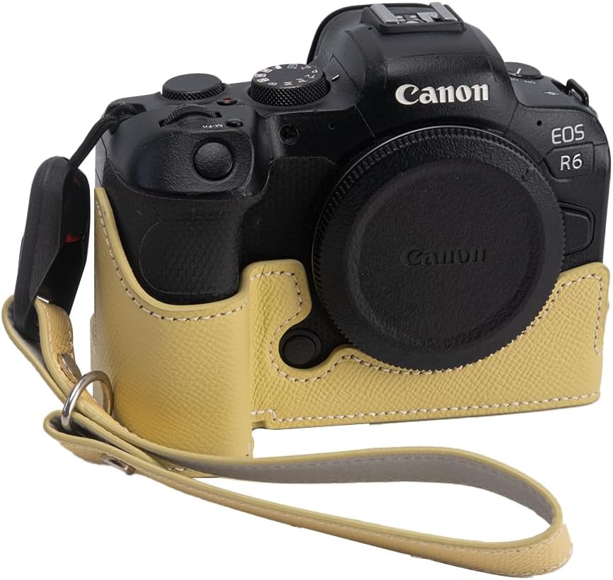 for Canon EOS R6/R6II Camera Case,Handmade Genuine Real Leather Half Camera Case Bag Cover for Canon EOS R6/R6II Camera Bottom Opening Version + Hand Strap (Yellow)