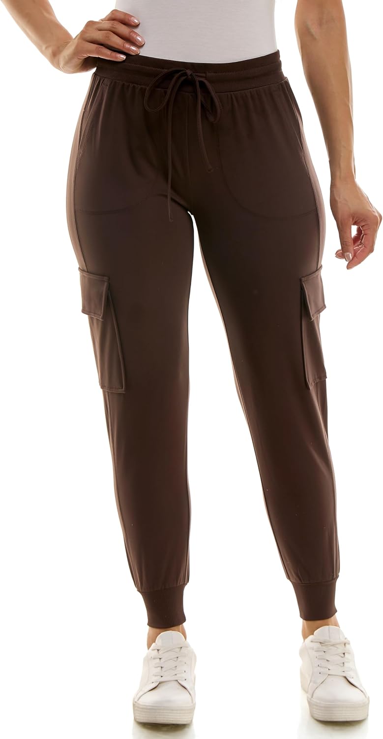 Zac & Rachel Women's Brushed Dty Cargo Jogger with Functional Pockets and Tie Waistband