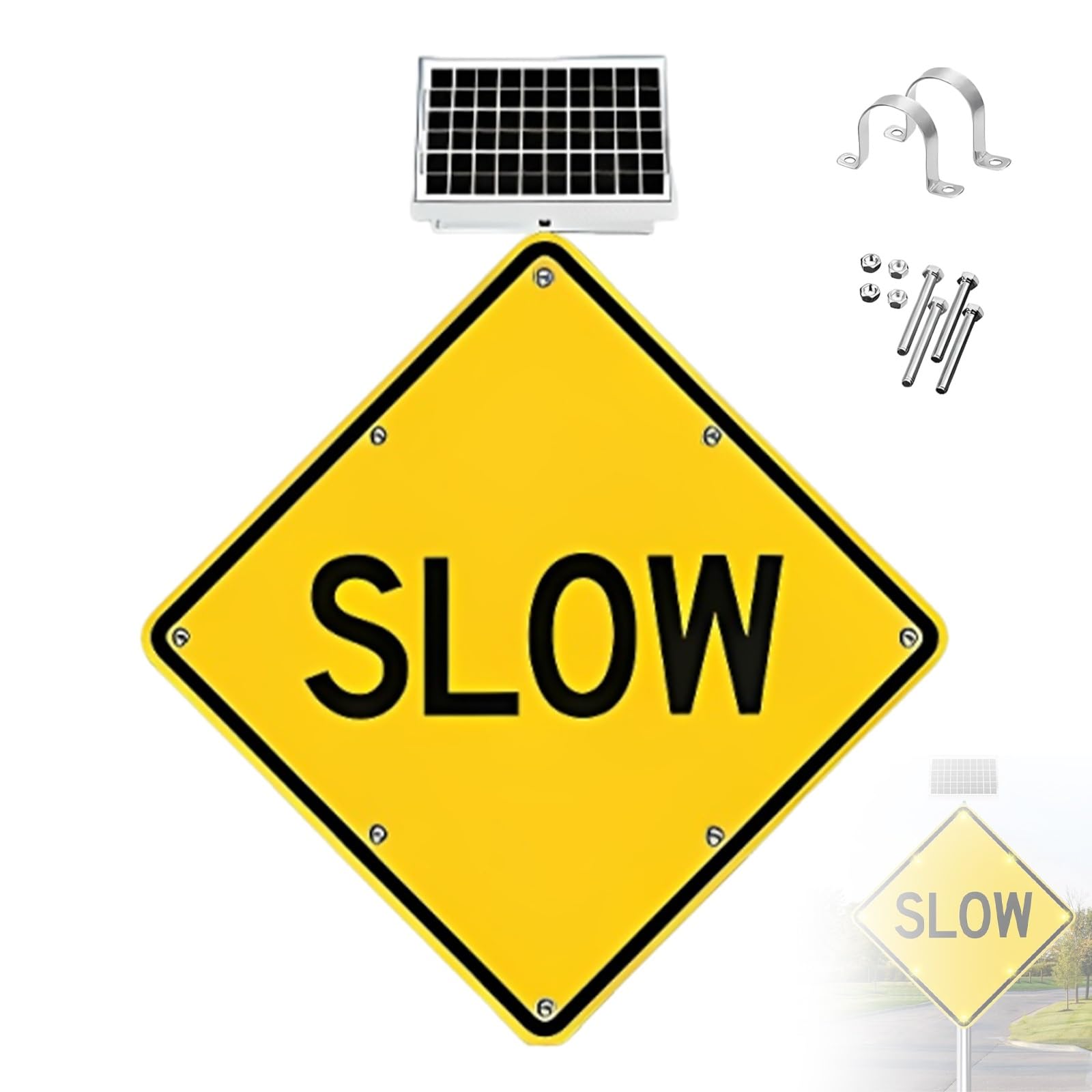 Letrero Cartel Ralentizar Solar Intermitente LED 24" / 32", Dispositivo de adjustment Velocidad 10W Panel Seguridad, Película Reflectante para Fraccionamiento