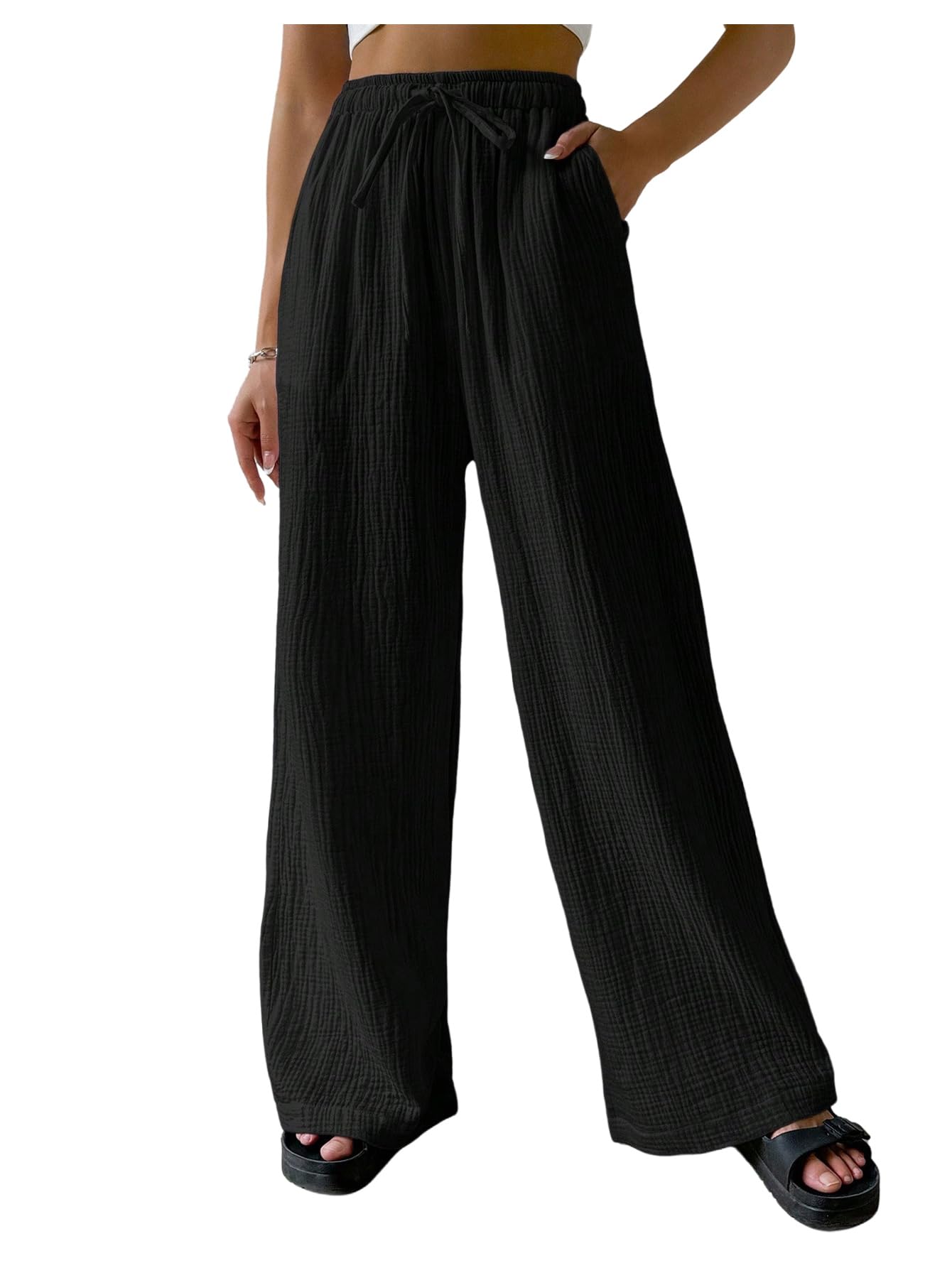 SHENHE Womens Wide Leg Pants with Pockets High Waist Drawstring Casual Textured Travel Pants