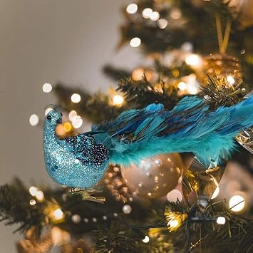 Gorgeous 12" Peacock Christmas Ornaments Glittered Bird Clip-On Christmas Ornament Peacock Turquoise, Peacock Christmas Decorations 1 Pack