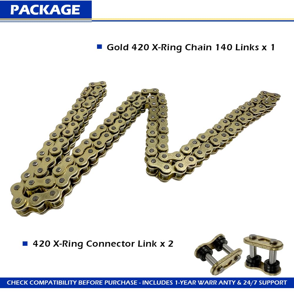 420 Chain 140 Links with Connecting Master Link X-Ring Gold for 50 70 90 110 125cc SSR TaoTao Apollo Baja 212cc Go Kart Scooter Mini Bike Powersports Parts ATV 4 Wheeler Quad Pit Dirt Bike