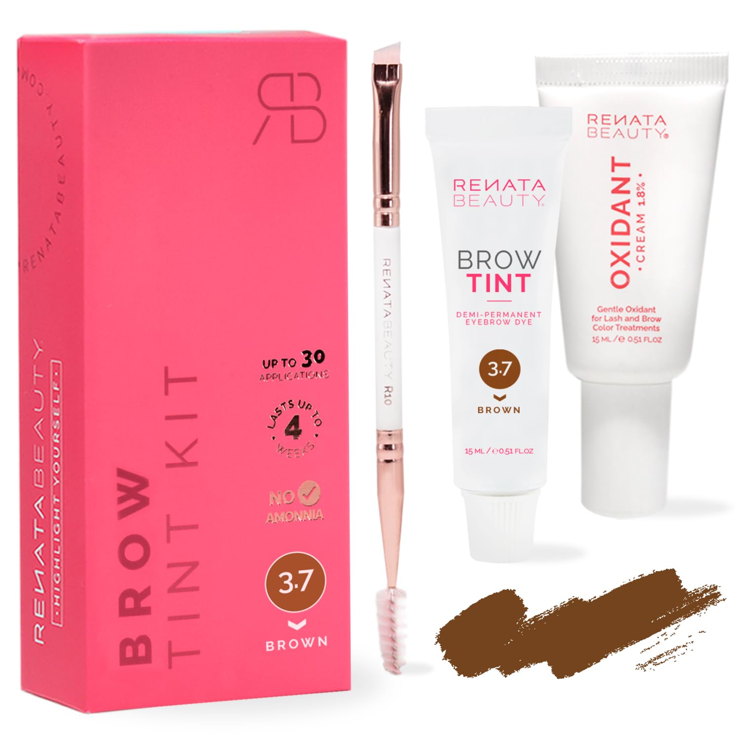 Renata Beauty Kit de Tinte de Cejas - Kit Completo de Tinte, Activador Oxidante, Pincel Dual para Coloración - Efecto Larga Duración de 4 Semanas - Hasta 30 Aplicaciones [Marrón]