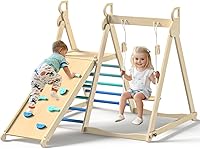 Vista 1 de BlueWood Gimnasio de la selva interior 4 en 1, juego de escalada plegable de madera con columpio, tobogán, escalera y pared de escalada, juego