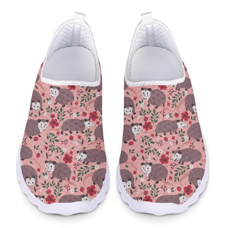 Jndtueit Cartoon Possums Women Athletic Nurse Dance Casual Soft Loafers, Red Flower Water Shoes for Beach or Water Sports, Pink Shoe Lightweight