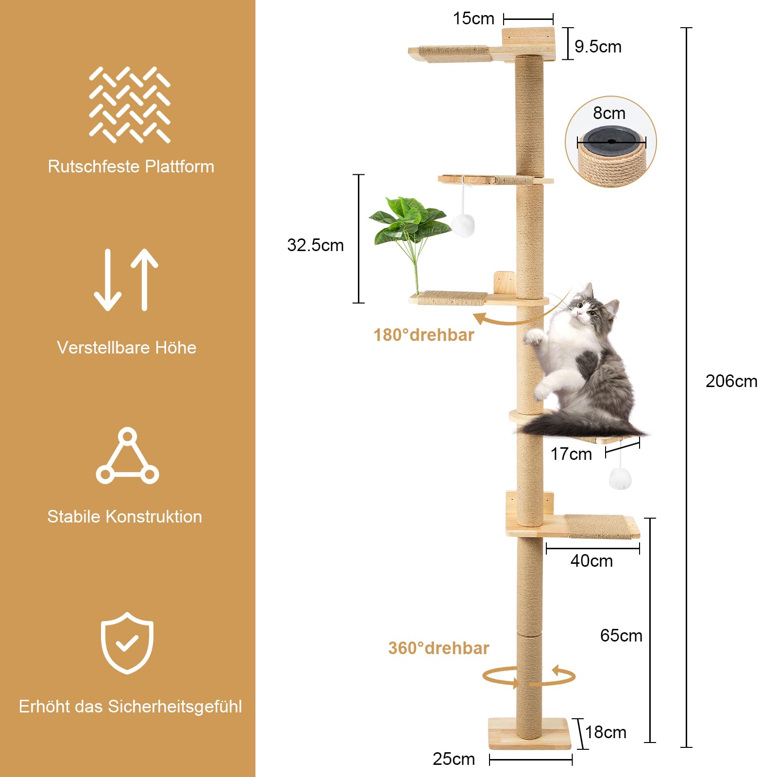 Youyijia Katzenkratzbaum 206cm aus Naturkautschukholz, 5 Etagen Wandmontierter Katzenbaum mit Verbreiterter Basis, Plüschbällen, 360° Drehbar, XXL Kletterbaum für Katzen zum Klettern, Kratzen