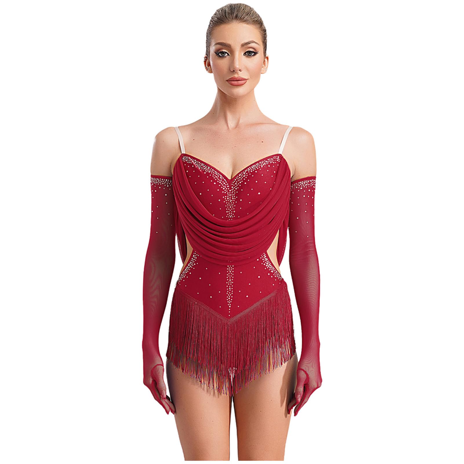 IEFIEL Brillante Body Franges Avec Gants Strass Femme Leotard Danse Latin Tango Rumba Spectacle Danseuse Justaucorps Gymnastique Rythmique