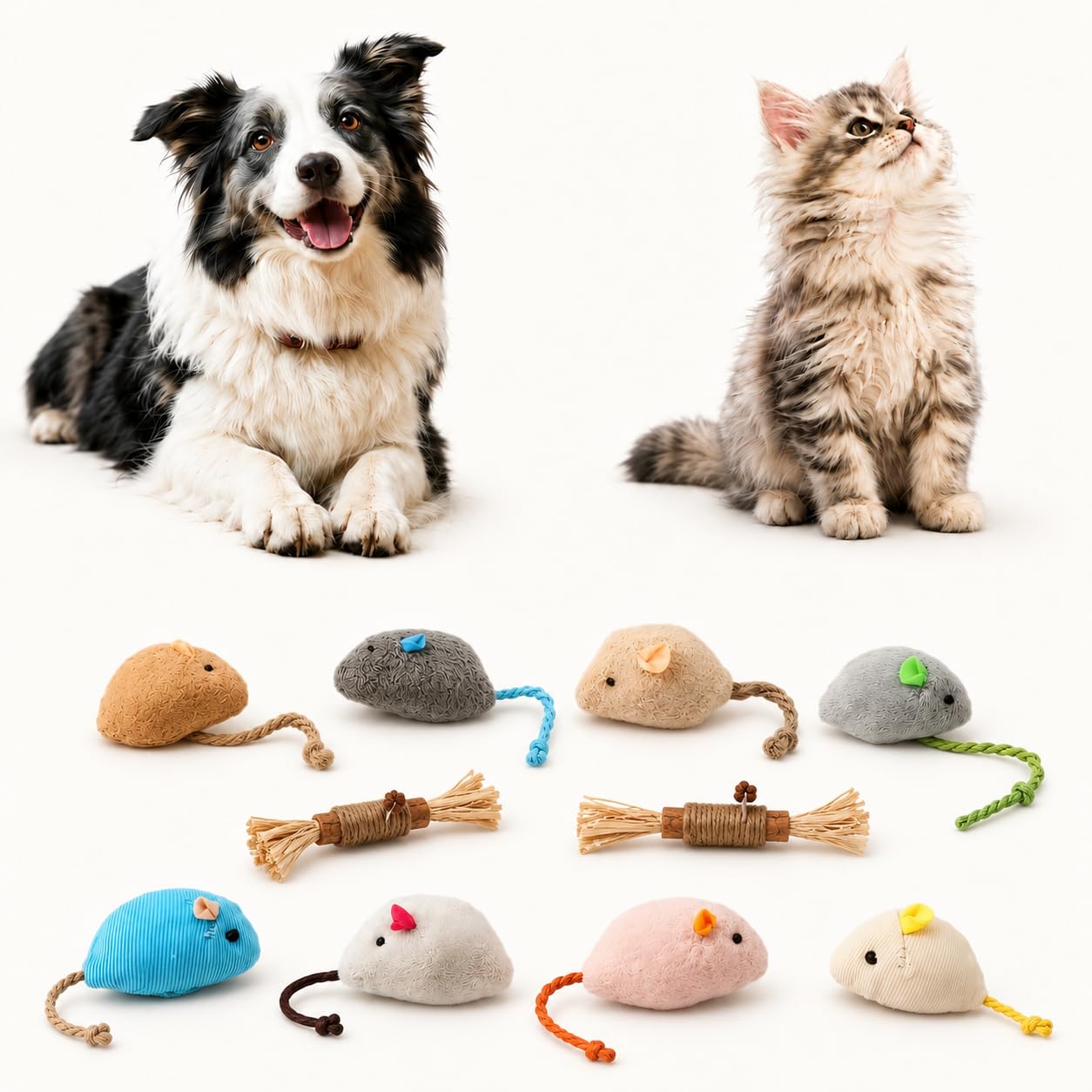 Cat Mouse Toy Set, 10-Piece Assorted Mice And Wrapped Sticks, Multicolour | Stuffed Bodies, Cord Tails And Fibrous Ends, For Indoor Chasing, Batting, Chewing, Independent Play And Supervised Sessions