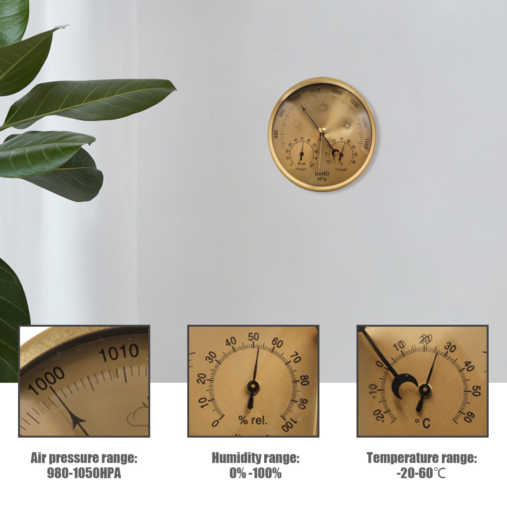 Baromètre 3 en 1, manomètre barométrique de 5,2 pouces, baromètre météo mécanique avec trou de suspension, baromètre à échelle claire, thermomètre hygromètre pour intérieur et extérieur, baromètre dor