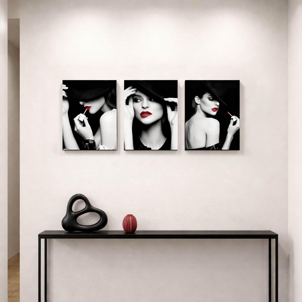 Artiluxy Black and White Fashion Canvas Wall Art Set of 3, Red Lips Portrait Artwork, Modern Chic Wall Decor for Living Room Bedroom, 12x16 Inch Unframed Prints (Black)