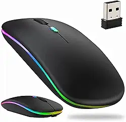 Mouse Sem Fio Recarregável com Led, Design Ergonômico, Conexão Dual Bluetooth 5.0/USB 2.4GHz, DPI Ajustável, Silencioso (Preto)