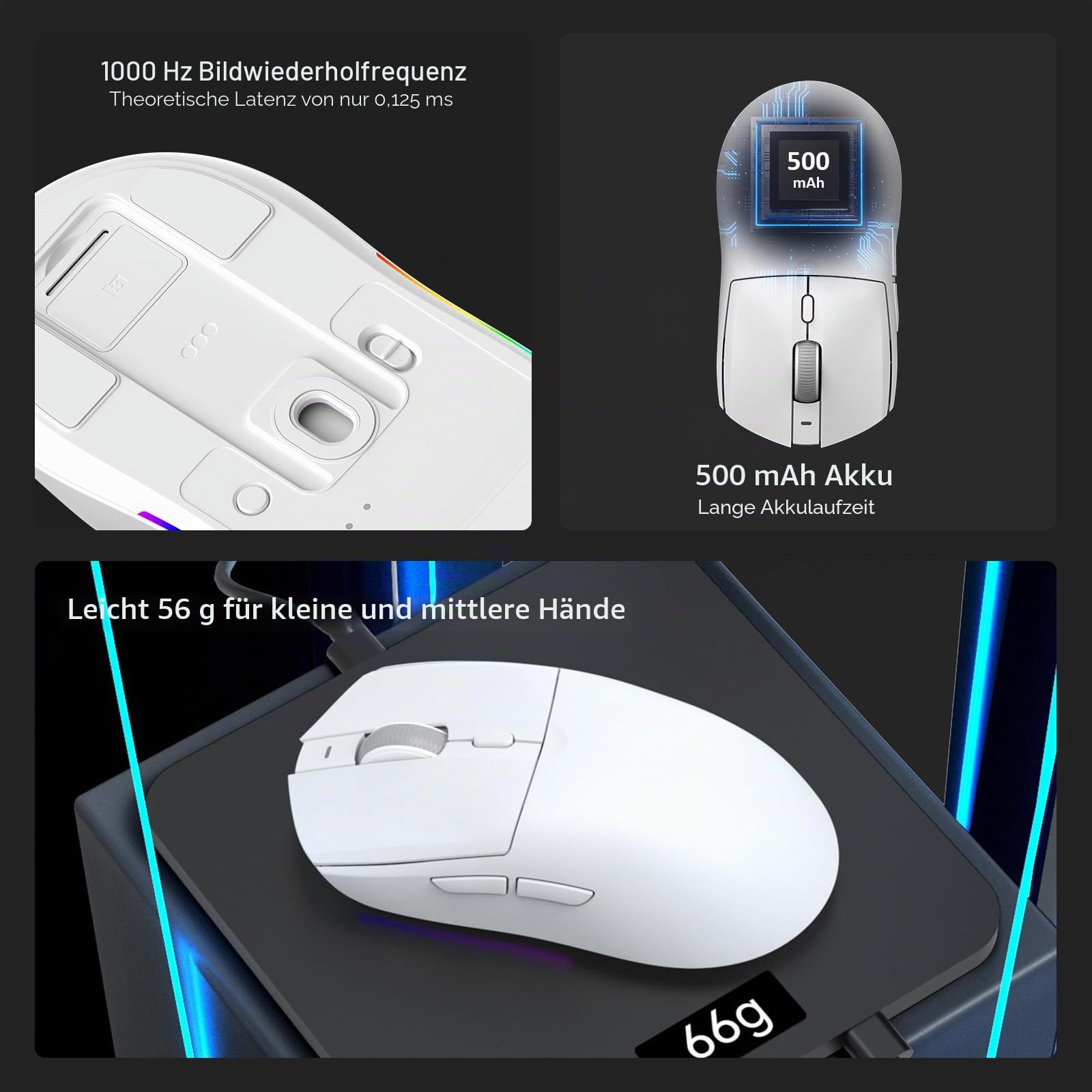 AJAZZ AJ139 V2 MC Wireless Gaming Mouse, PAW3311 Sensor, 24K DPI, 2.4G/USB-C/BT, 66g, White