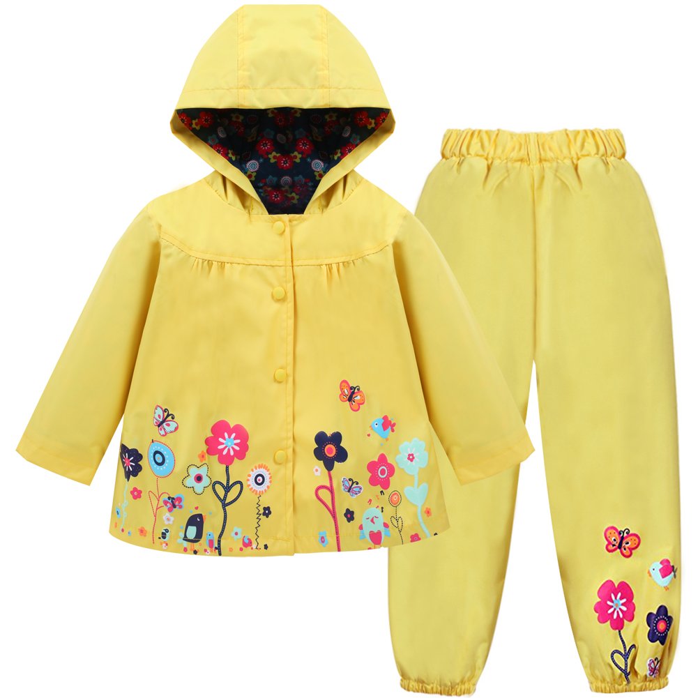 LZH Baby Girls Raincoat Suit Waterproof Hooded Jacket & Trousers 2 Piece Set Windproof Puddlesuit Rain Wear for 1-6Y