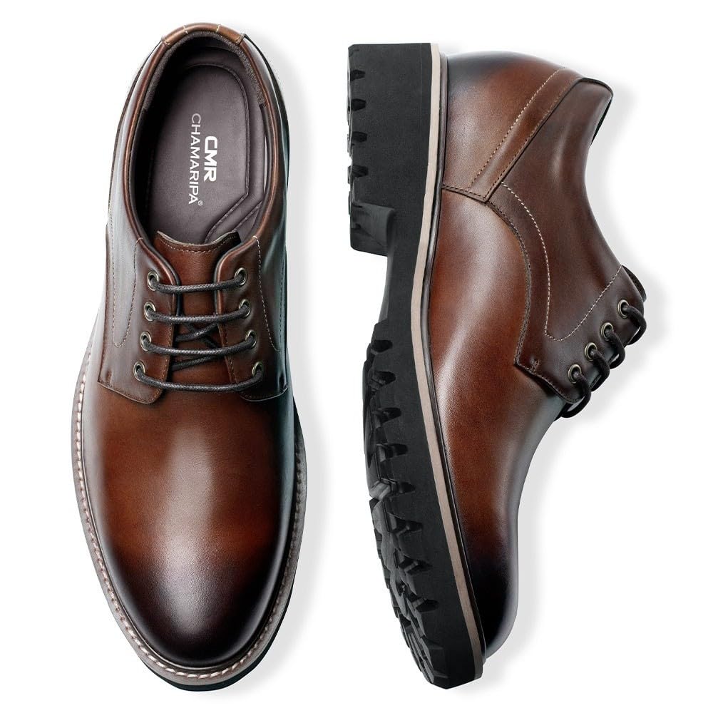 CHAMARIPA Herren Business-Casual-Schuhe mit 8 cm unsichtbarer Innenerhöhung | Obermaterial aus Vollnarbenleder, Integrierte erhöhende Einlegesohle, ideal für Büro, Hochzeiten und den Alltag.