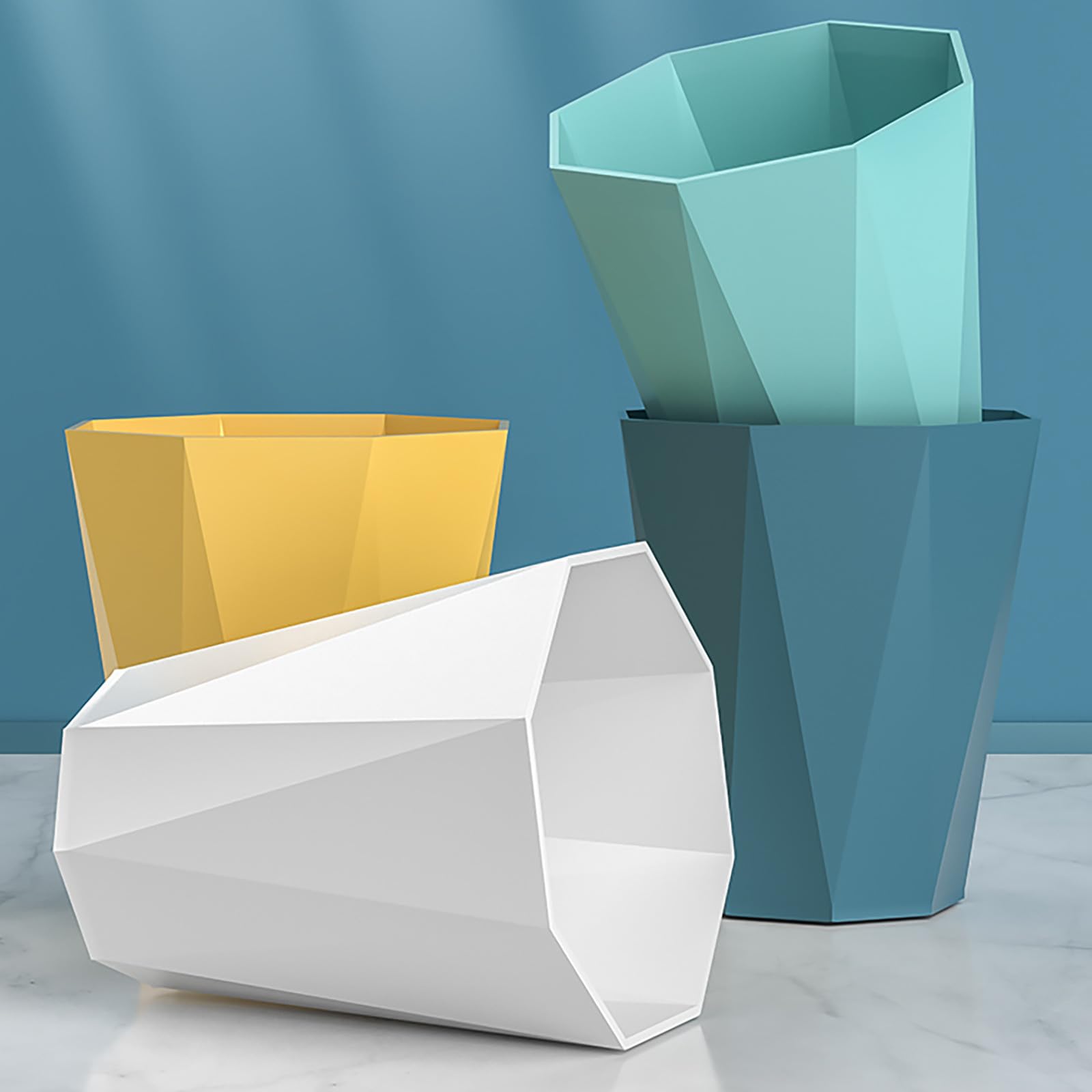 Polygon Small Trash Can Round Plastic Wastebasket for Bathroom Kitchen Office Kids Room Compact Garbage Bin with Stylish