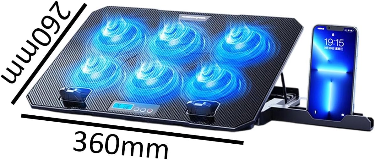 6 Quiet Fan Laptop Cooling Lighting Adjustable Foldable Cooling Pad LED Light Fan with 2 USB Port Phone Holder Travel Accessory