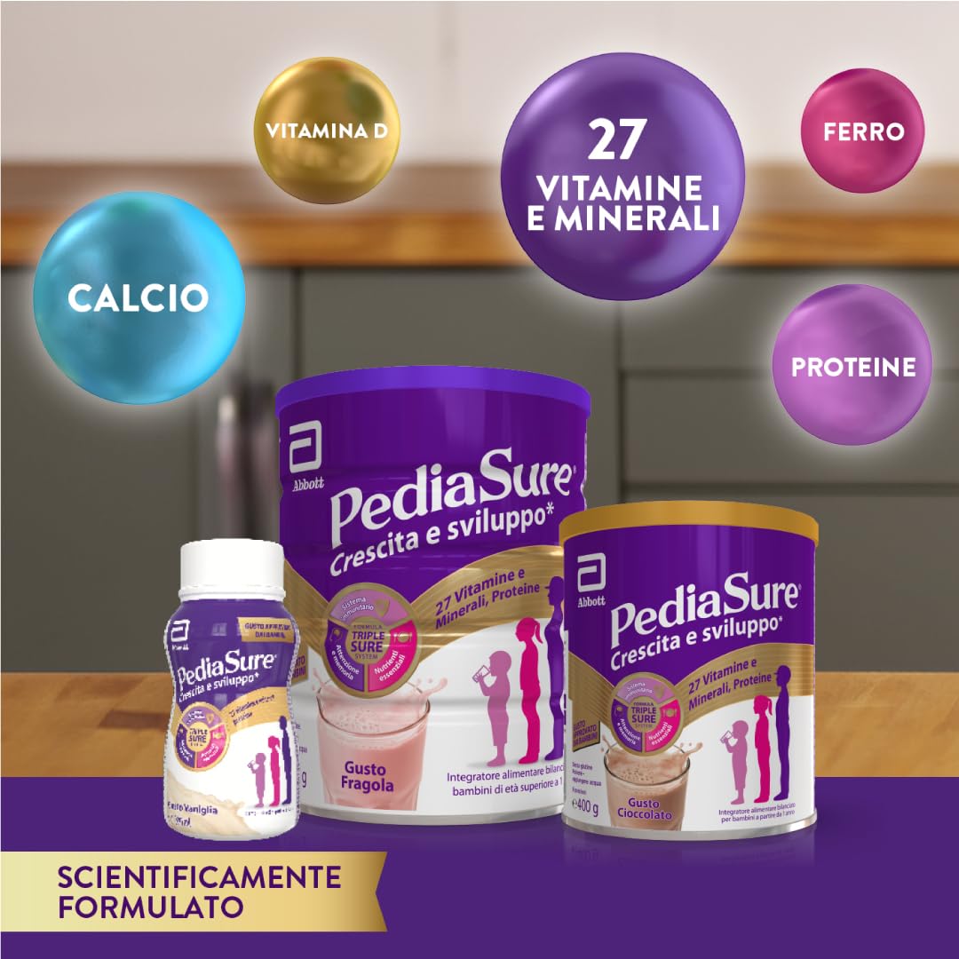 PEDIASURE Crescita e Sviluppo Integratore Alimentare per Bambini, Multivitaminico con 27 Vitamine e Minerali e Proteine, da un Anno in Su, Confezione 850g, Gusto Cioccolato